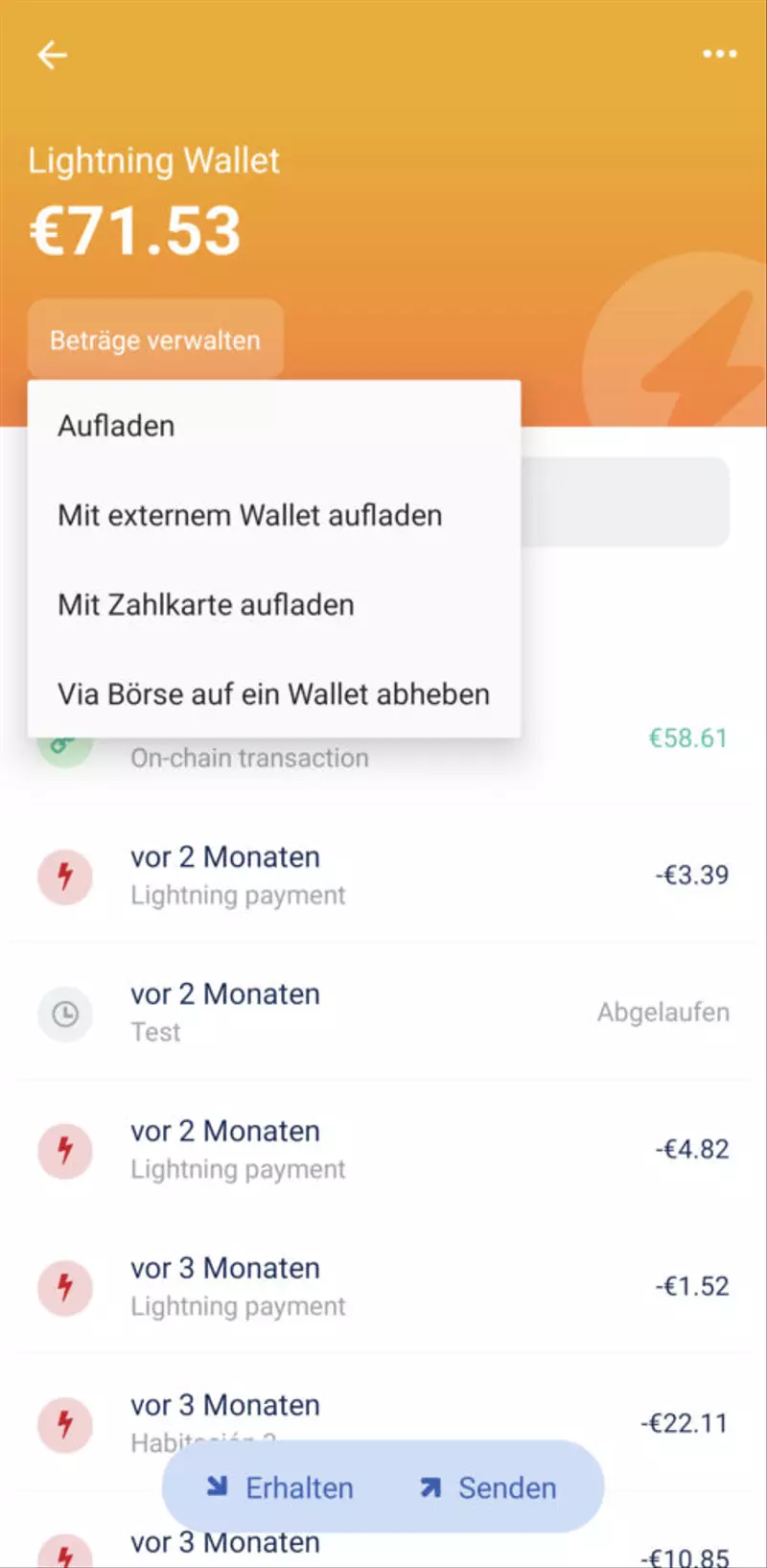 Bluewallet Lightning Wallet Benutzeroberfläche