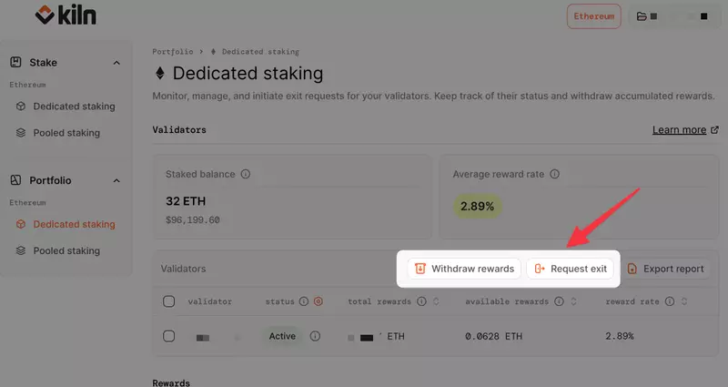 Ledger Live Kiln Staking Withdrawal Rewards und Exit request für Validator