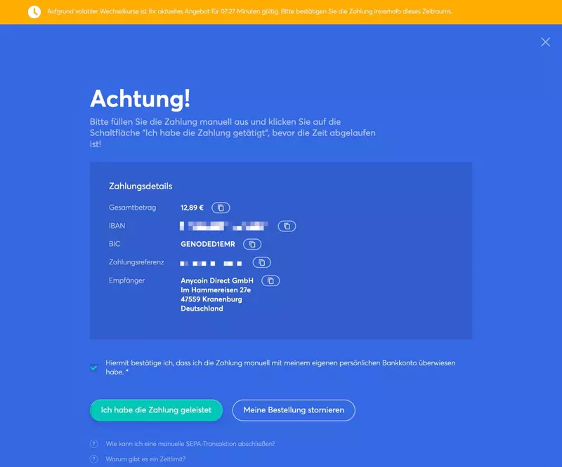 Anycoin Direct Kauf von Solana mit SEPA Überweisung