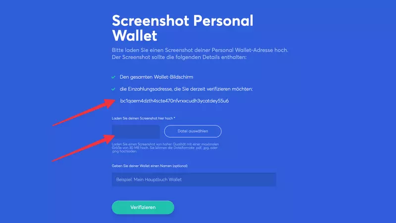 Anycoin Direct Screenshot des Wallet bei externem Wallet hochladen