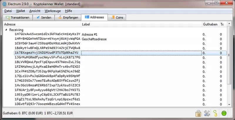 Electrum Wallet Benutzeroberfläche