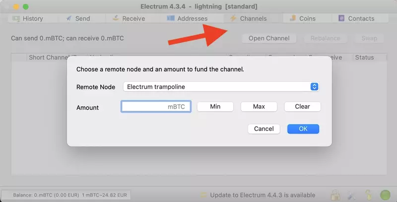 Electrum Lightning Channel erstellen