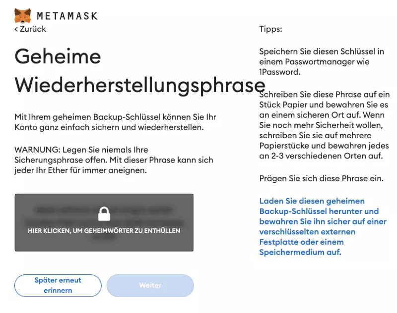 Metamask Wallet Einrichtung Seed Phrase