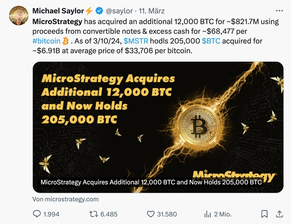 Michael Saylor gibt auf Twitter den nächsten Bitcoin-Kauf bekannt