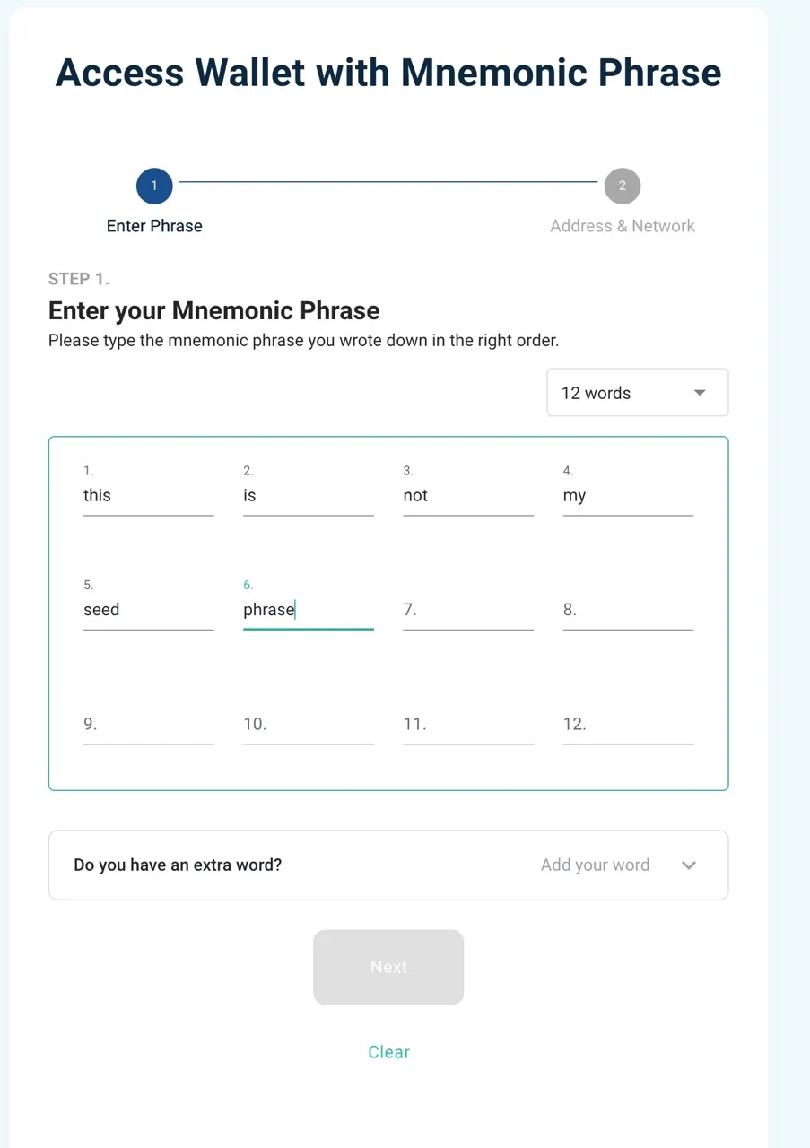 MEW Access Wallet with Mnemonic Phrase
